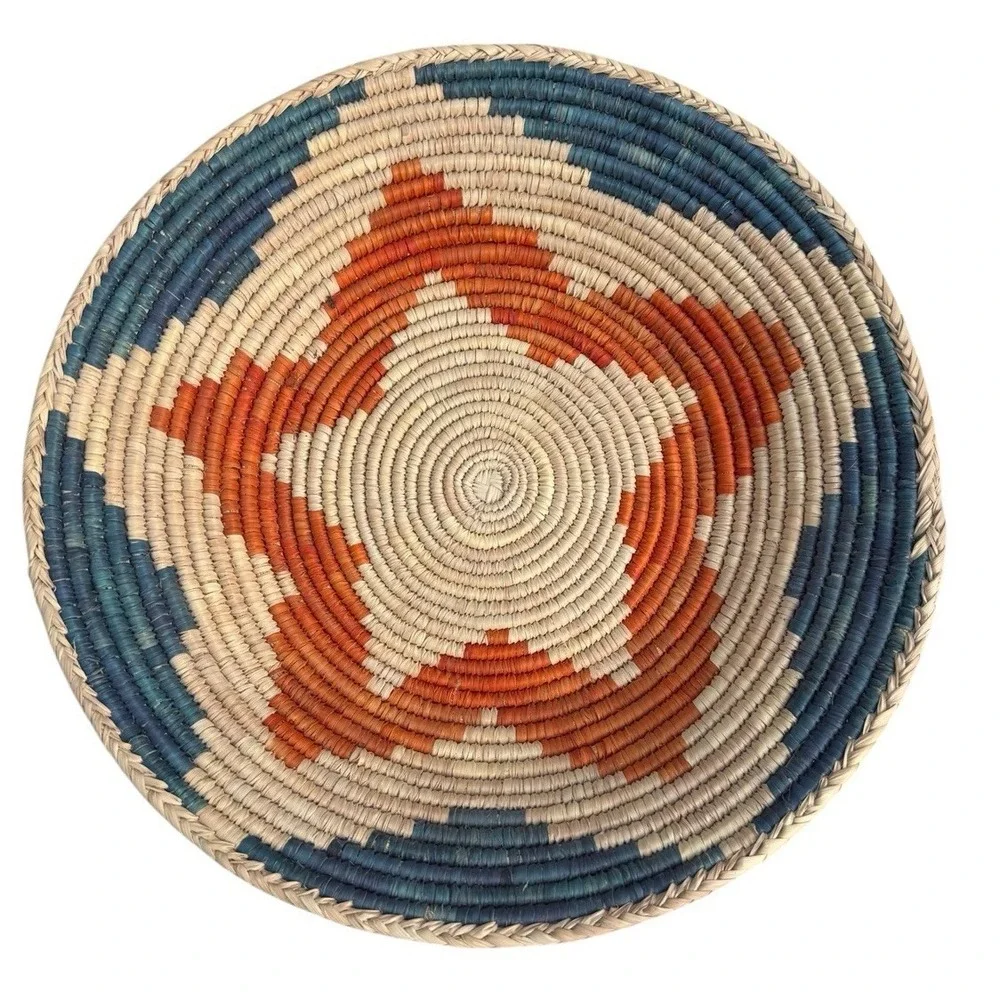 Vintage Navajo Style Handwoven Wedding  Basket Star Orange Blue 15 1/2